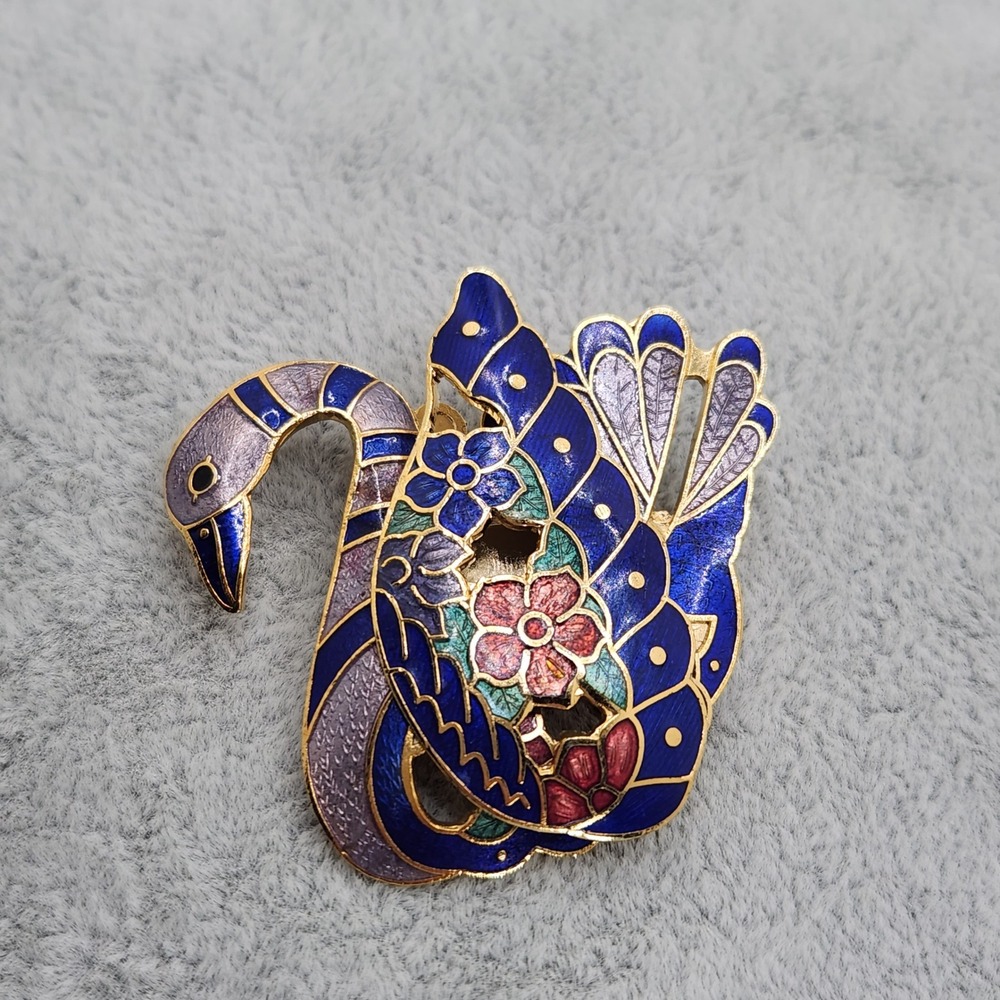 Vintage Cloisonne Swan Enamel Brooch Purple Blue Floral Bird Pin Collectible